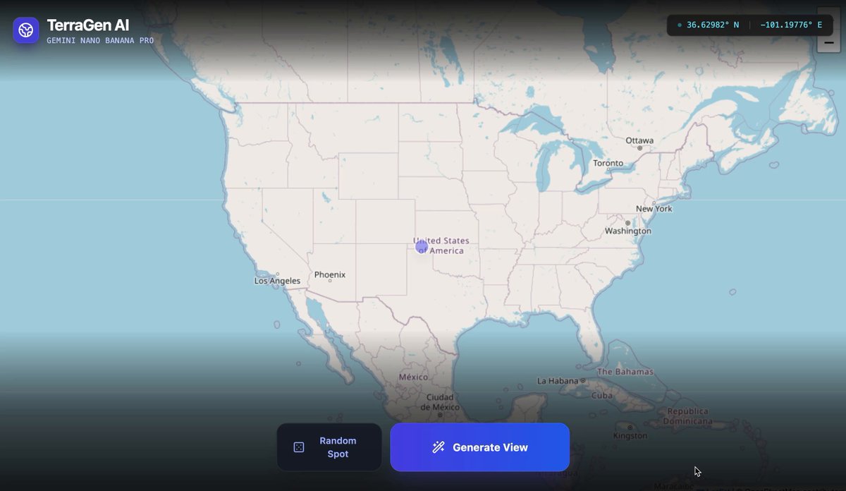 Here's a video of an app I vibe coded in AI Studio that uses Nano Banana Pro to generate images of random lat/long coordinates. Each prompt is just: > Create an image of [lat/long] Also pretty wild that I could simply ask Gemini 3 Pro for some logic to give me random lat/longs on land.