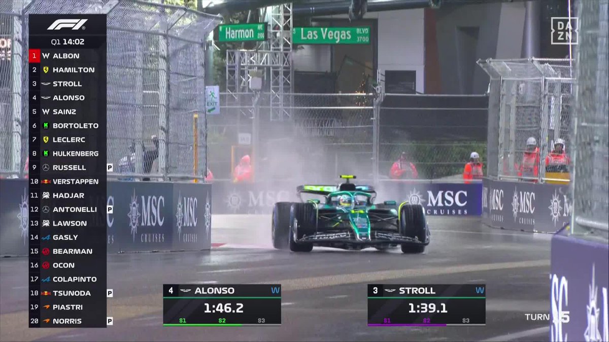 La pista en condiciones dificilísimas con la lluvia, todos sufriendo con intermedios... y luego ves a Alonso controlando el coche y siendo el más rápido 😍🔥 ¡Qué ojo ha tenido Aston Martin con los neumáticos de lluvia extrema! 👏 #LasVegasDAZNF1 🇺🇸