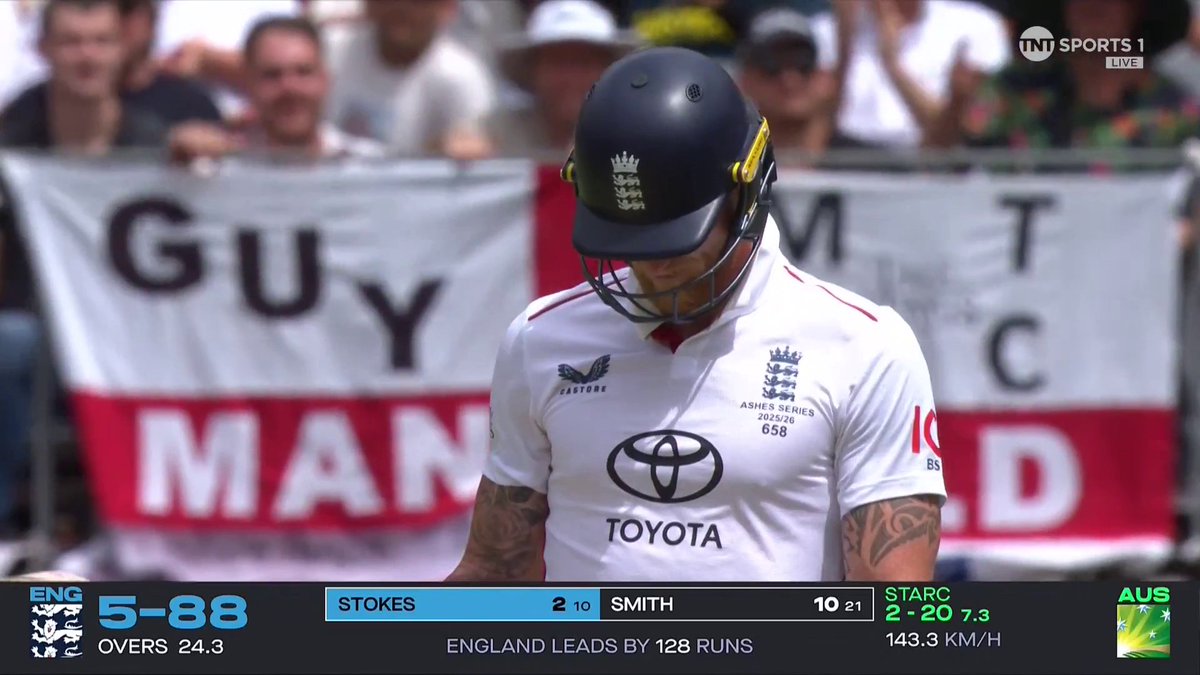 And there goes Ben Stokes... ๐ซฃ England currently 88-6 and lead by 128 runs. ๐บ Watch #TheAshes LIVE on TNT Sports and discovery+
