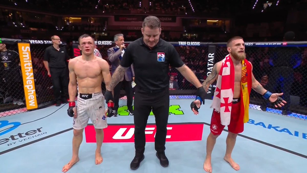 Aleksandre Topuria defeats Bekzat Almakhan by unanimous decision! (30-27 x2, 29-28) Great performance from Aleksandre #UFCQatar