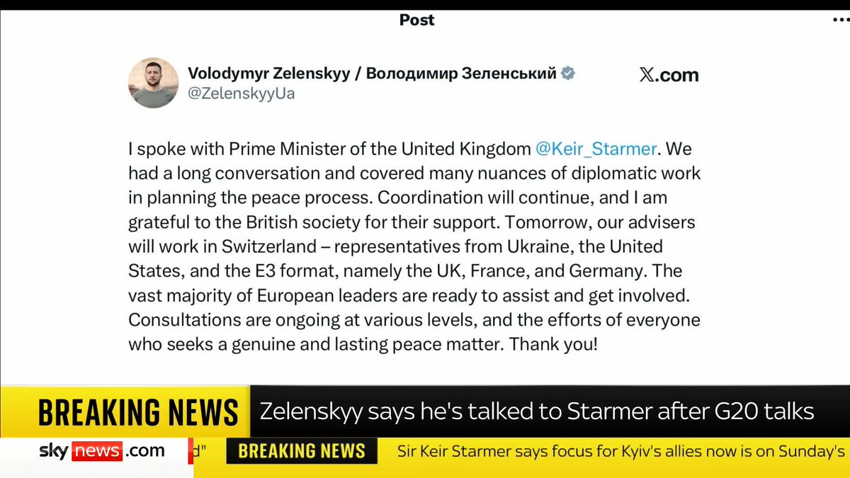 BREAKING: Volodymyr Zelenskyy says he's talked to Sir Keir Starmer after G20 talks. Ukraine war latest: 📺 Sky 501 and YouTube