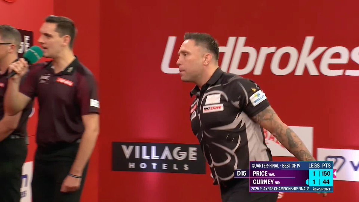 150 FROM PRICE! What a checkout by Gerwyn Price 💪 The Iceman takes out 150 to break Daryl Gurney's throw and lead 2-1! 📺 #PCFinals | QF