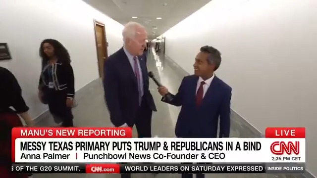 NEW: "This could well be the end of his political career." Sen. John Cornyn slams Rep. Wesley Hunt, who tells Manu Raju he’s “absolutely” running against Cornyn and Texas AG Ken Paxton in a messy GOP primary in Texas that has put President Trump and GOP in a bind. #InsidePolitics