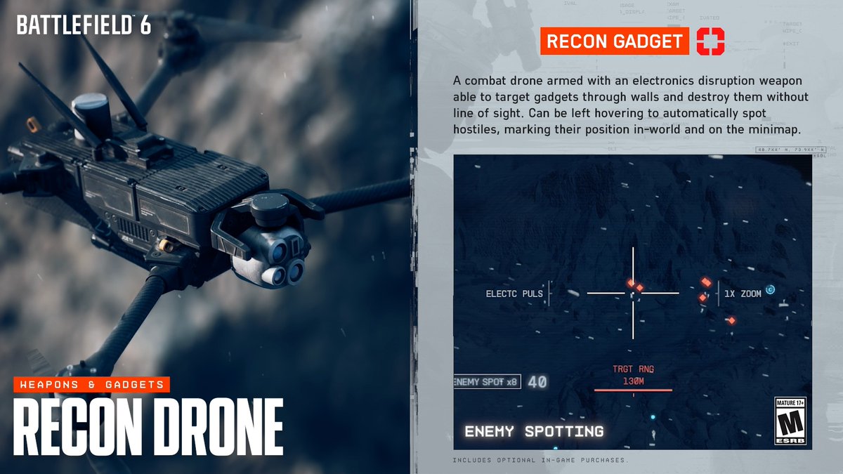 Lead the push with the Recon Drone in #Battlefield6 📡 Spot, destroy gadgets, then push on the pings so your squad avoids crossfire.