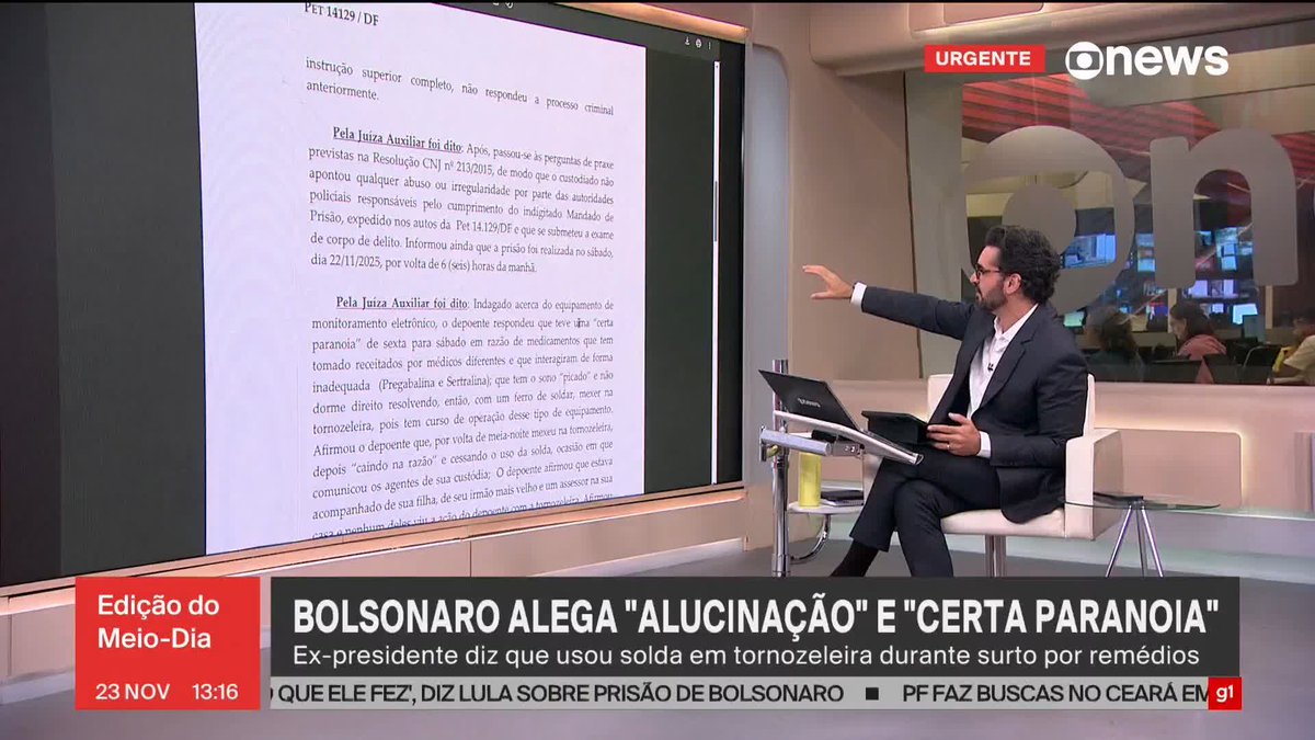Em audiência de custódia, Jair Bolsonaro alega "alucinação e "certa paranoia" ao usar solda em tornozeleira eletrônica. ➡️ Assista à #GloboNews: #jornalglobonews