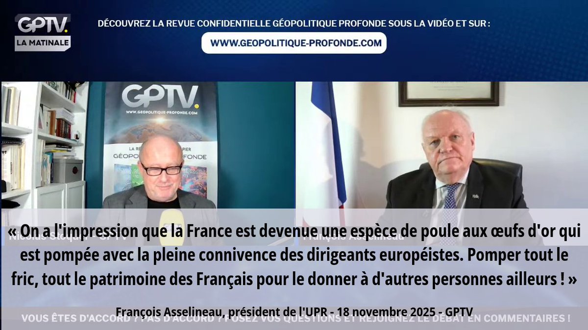 « Von der Leyen a annoncé qu'il allait falloir verser 70 milliards € supplémentaire à l'#Ukraine🇺🇦, dont 15 milliards rien que pour la 🇫🇷. Ce que Mme VDL veut que la 🇫🇷 paye à l'🇺🇦, c'est un peu près le déficit des #retraites. Et là personne ne moufte ! » François Asselineau 🇫🇷 #Frexit