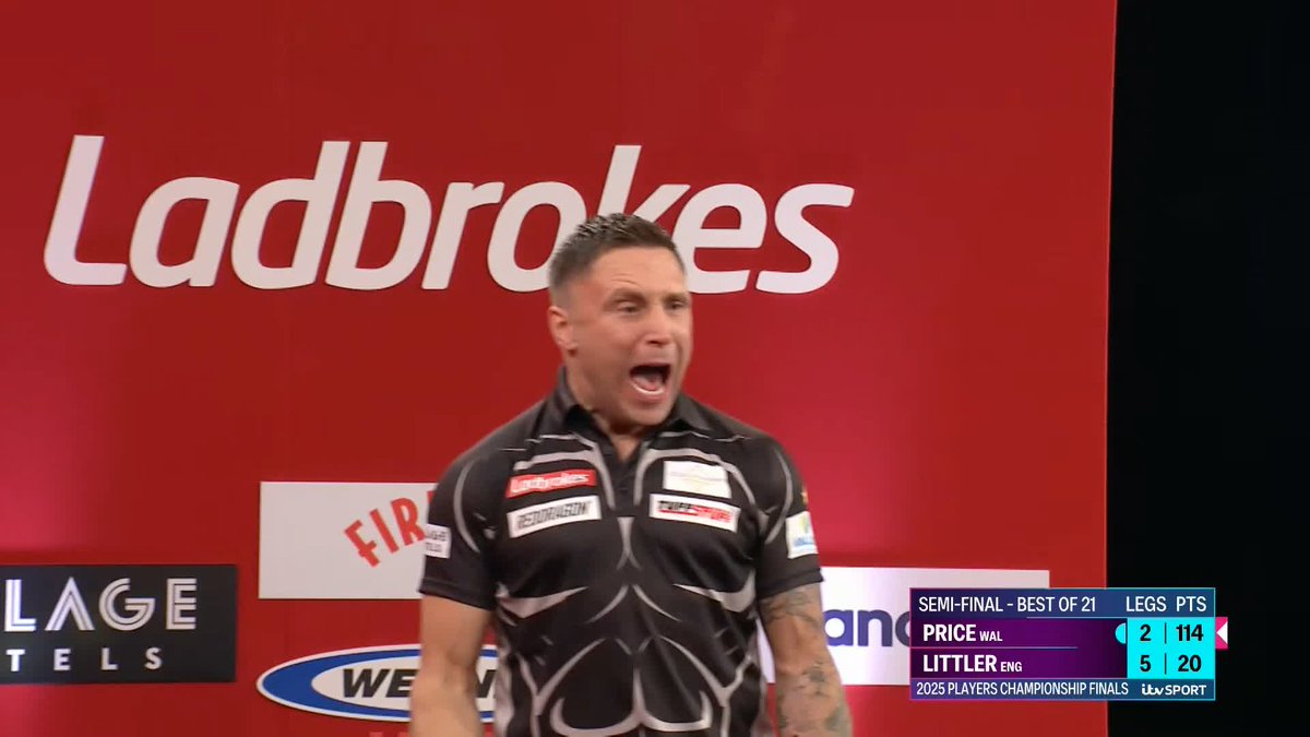 PRICE STAYING ALIVE! Gerwyn Price hits a huge 114 to capitalise on Luke Littler's missed darts at double, reducing the deficit to 5-3! 📺 #PCFinals | SF