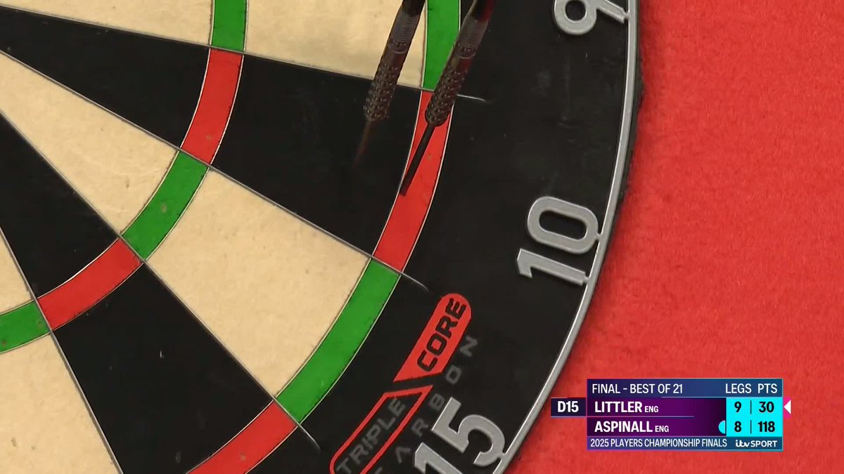 LITTLER ONE AWAY! Luke Littler hits a 14-dart break to halt the Nathan Aspinall fightback, and leads 10-8! He's now throwing for the title! 📺 #PCFinals | Final