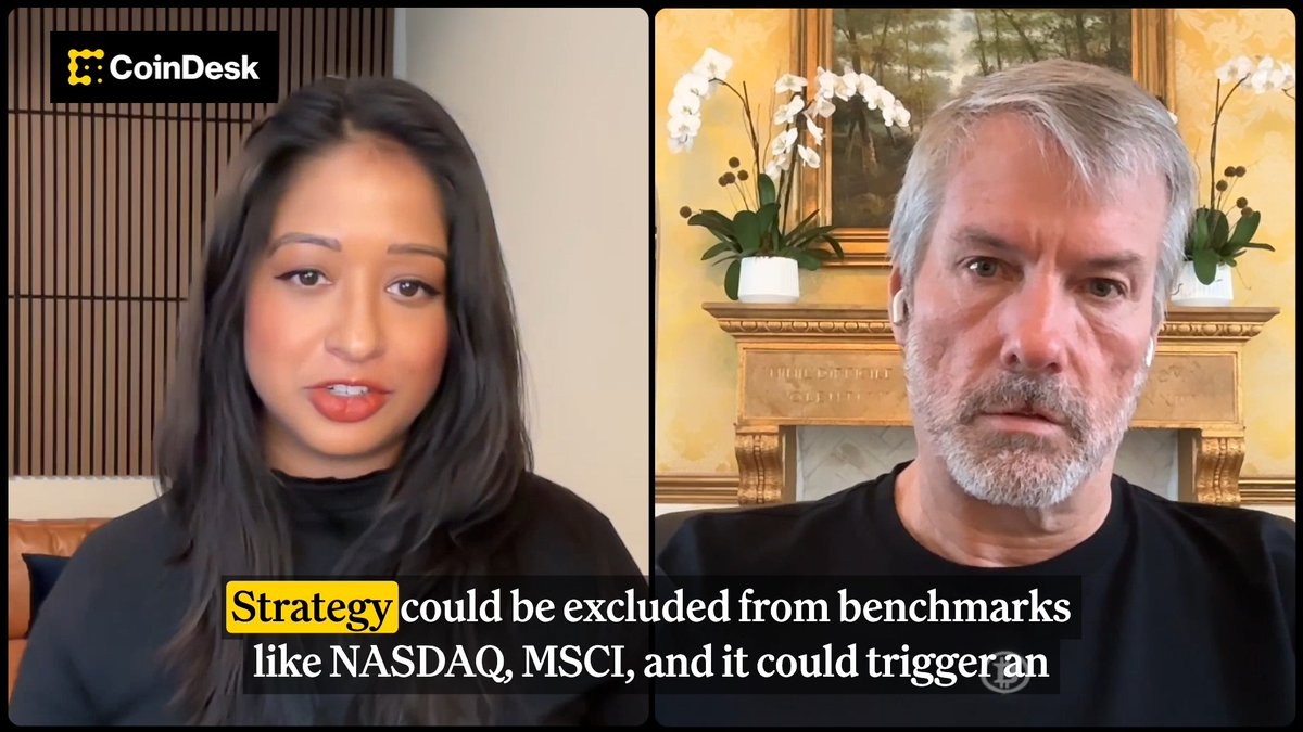JP Morgan warns that $MSTR could face $2.8B in outflows if excluded from benchmarks like MSCI and Nasdaq 100. @Saylor’s response? "It’s a bit alarmist." Thank you Genius Group Ltd 👋 for being a sponsor of the CoinDesk Media Network.