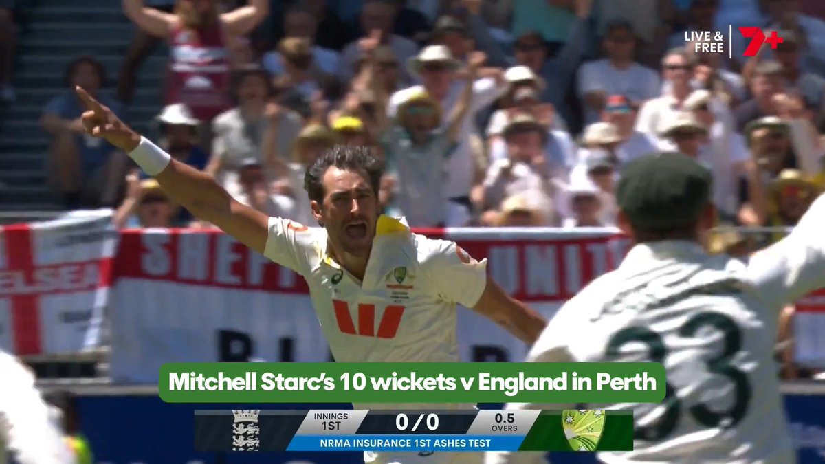 Here's all 10 Mitchell Starc wickets from Perth in less than a minute 💪 And to watch plenty more like this from the first Test, it's all available on 7plus: #Ashes