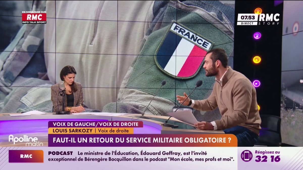 🪖 Le futur service militaire volontaire permettrait aux jeunes volontaires de servir dix mois, avec une rémunération d’environ 900 à 1 000 euros. Pour Louis Sarkozy, il s’agit d’une "excellente idée", mais il juge irréaliste un service obligatoire pour tous #ApollineMatin