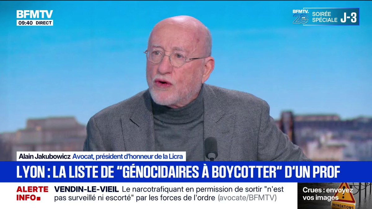Liste de "génocidaires à boycotter": "Je n'entends pas le maire de Lyon", déclare Alain Jakubowicz, président d'honneur de la Licra