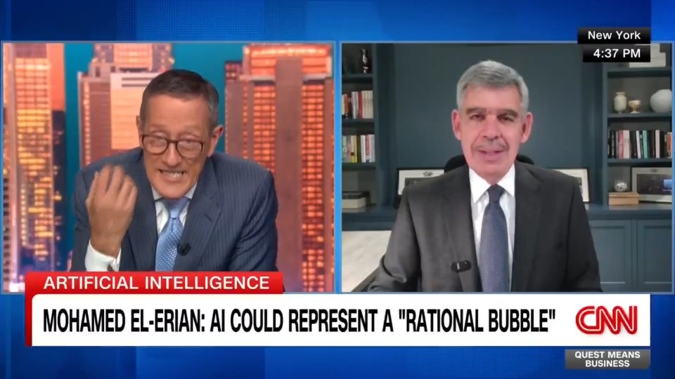 "It is remarkable what AI will enable as long as we make sure it is diffused properly...as long as the mindset of companies is not just on labor displacement, but on labor enhancing." Economist Mohamed A. El-Erian on the inevitability of why the AI bubble is rational and inevitable