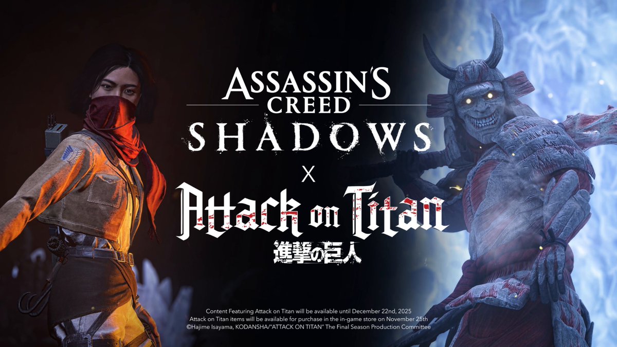 Dedicate your heart ✊❤️! A new Attack on Titan quest is coming for free to AC Shadows tomorrow, and it's live until December 22nd! Yup, you don't wanna miss that 👀 #AssassinsCreedShadows x #AttackOnTitan
