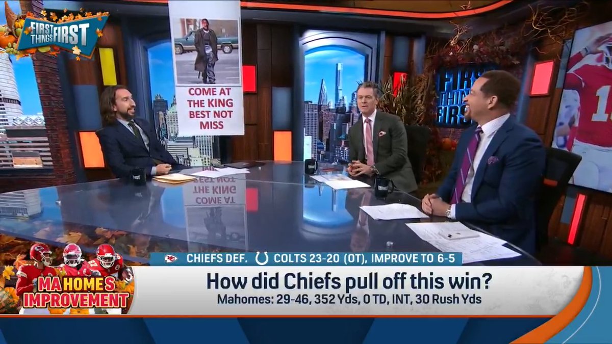 “To the rest of the league, I would just say, like the great Omar said, ya come at the king, ya best not miss.” nick wright drops a banner after his Chiefs OT win over Colts: