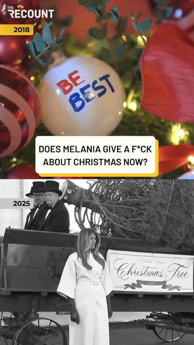 Seven years later, Melania’s at least gotten better at *pretending* to like Christmas decorations.