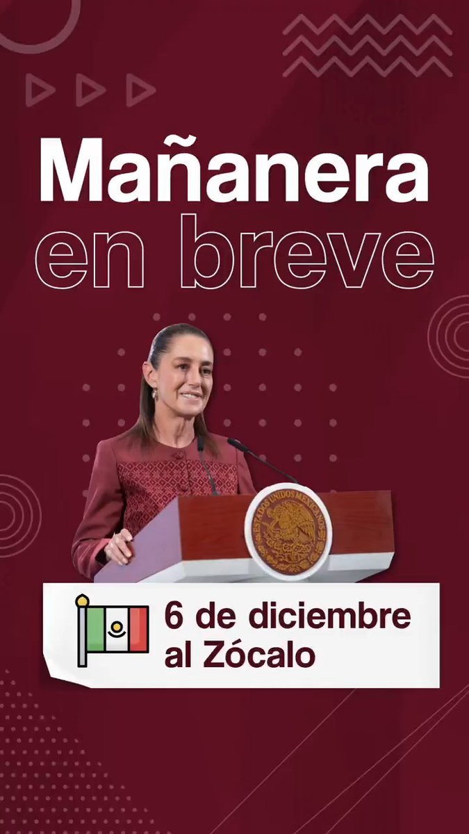 La #MañaneraEnBreve de la presidenta Claudia Sheinbaum Pardo: 🎉 6 de diciembre, nos vemos en el Zócalo. 🩺 Rutas de la Salud, tercera entrega nacional. 🏠 Vivienda para el Bienestar ya inició entrega de casas.