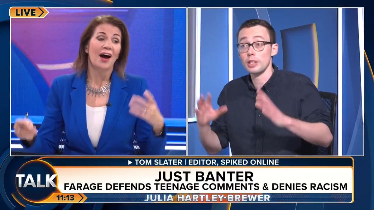 🚨 "It's absurd. Why are we spending time talking about what Nigel Farage said when he was 13 years old!?!" Spiked Online's Tom Slater says there are "enough issues" going on in Britain, rather than worrying about what Nigel Farage said over 50 years ago. Julia Hartley-Brewer
