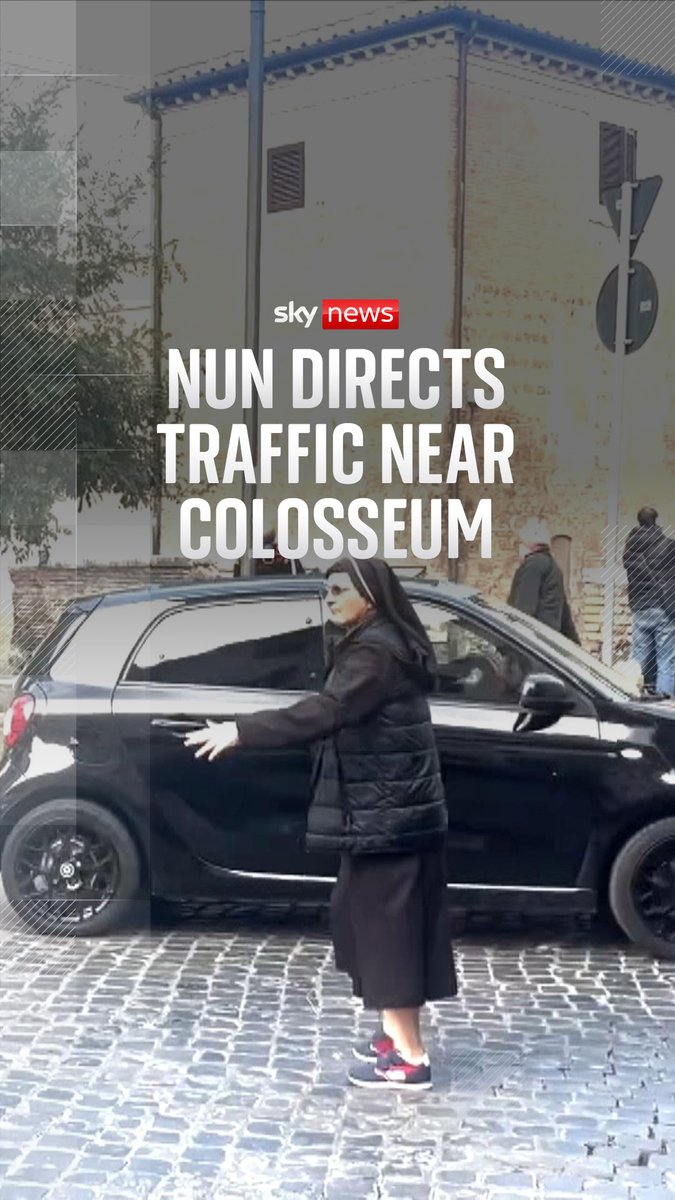 Pedestrians looked amused as a nun in trainers directed traffic in Rome following a jam build-up. The traffic jam started after a bus got stuck attempting to move around a car parked illegally, which was controlled and fixed by the nun. 🔗