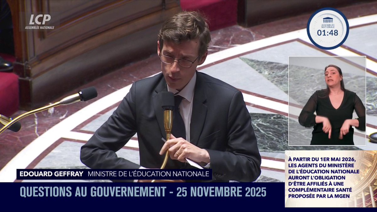 .Édouard Geffray fait valoir que "plus de 90% des personnels de l'Education nationale sont d'ores et déjà affiliés à la MGEN", et que "dans l'immense majorité des cas, elle est nettement plus avantageuse". #DirectAN #QAG