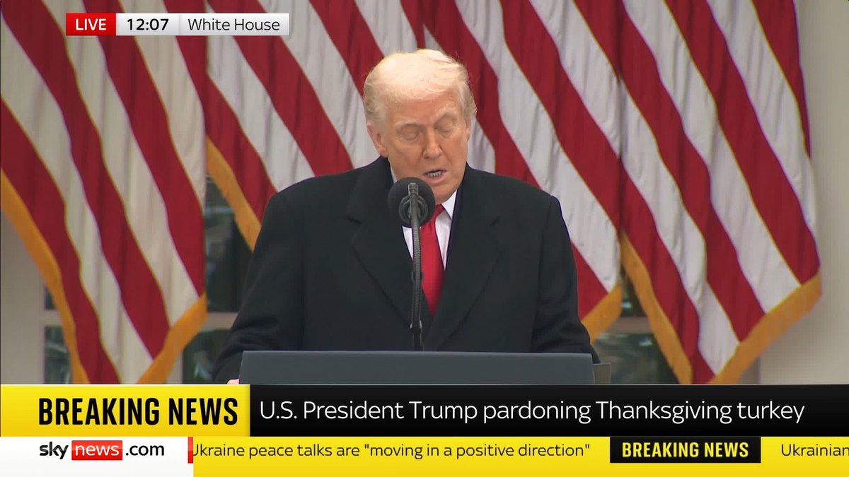 It's turkey time! US President Donald Trump pardons two "handsome" Thanksgiving turkeys named Gobble and Waddle. 📺 Sky 501 and YouTube