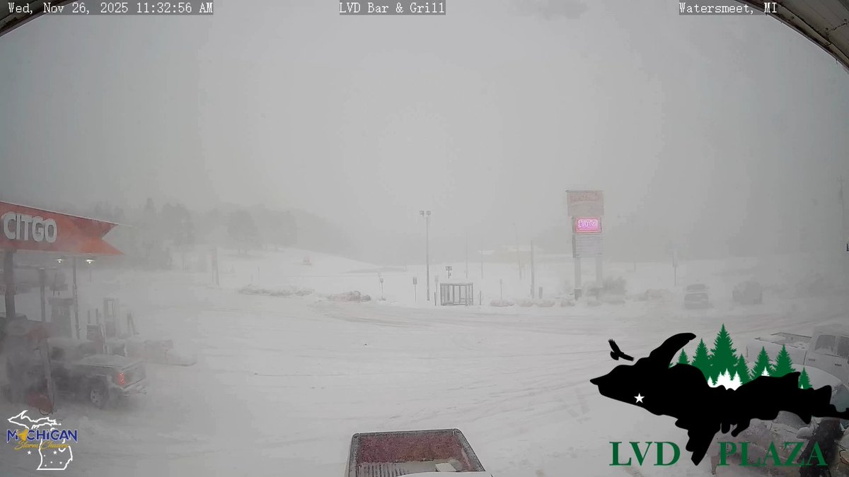 It is a full on blizzard in the UP currently! Many areas already reporting 8-12" of snow! Winds are also blowing hard as expected with numerous power outages ongoing. Camera courtesy of LVD Plaza in Watersmeet, MI