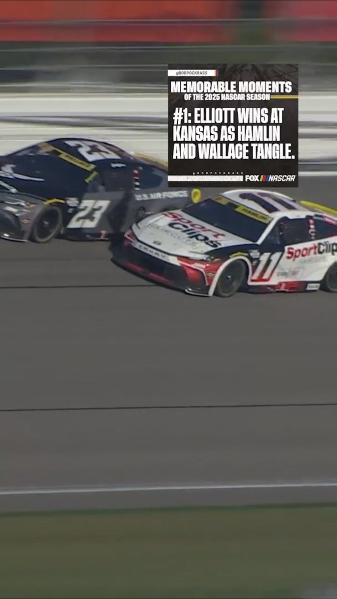 Memorable Moments of the 2025 NASCAR Season (according to Bob Pockrass). No. 1: "It looked like Kansas would be settled between Denny Hamlin and his 23XI driver Bubba Wallace, until Hamlin drifted into Wallace and allowed Chase Elliott to move inside and take the win."