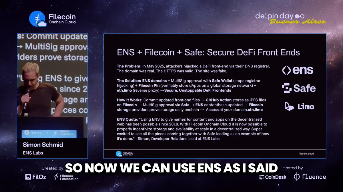 As Simon Emanuel | ses.eth from ens.eth explains, GitHub commits upload to Filecoin Onchain Cloud and surface as Safe.eth transactions to update the ENS content hash. Safe owners review each change before it moves onchain. Only multisig-approved updates go live, securing DeFi front ends.