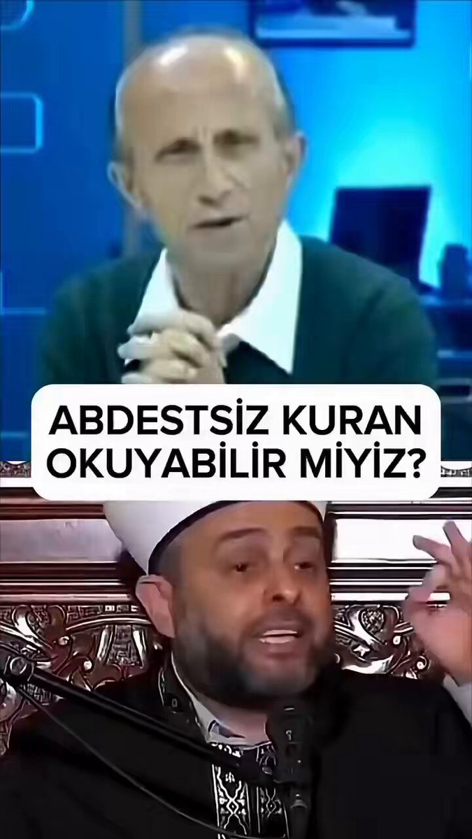 Sümsük Hoca: Kur'an'a abdestsiz dokunamazsın. Yaşar Nuri Öztürk: Abdestsiz adamın kanında yediği haramların domuz kanı dolaşıyorsa, Kur'an'a dokunabilir mi?