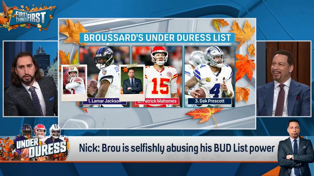 .nick wright is putting Chris Broussard on the BUD List this week 👀🤯 “Brou is selfishly abusing his BUD List power... Why isn’t Ja’Marr Chase on there? Because Brou knows that the BUD List has been undefeated and doesn’t want anything to disrupt his beloved Ravens.”