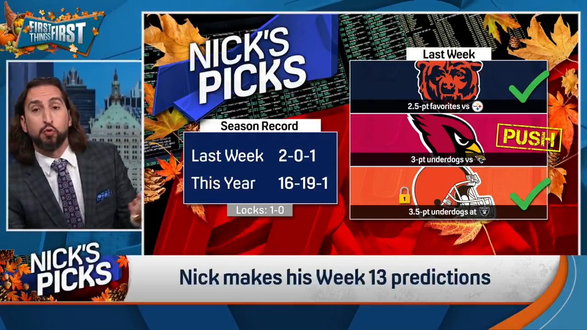 #NicksPicks went 2-0-1 last week and he could be right back at .500 this weekend. nick wright is putting his money where his mouth is this week 💰 Chiefs -3.5 Bears +7 Seahawks -11.5