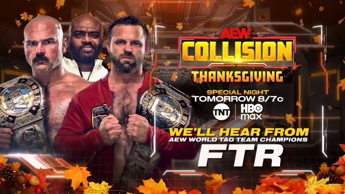 History made at #AEWFullGear! FTR (Daniel “Cash” Wheeler &amp; Dax FTR) are now 3-time #AEW World Tag Team Champions, and we’ll hear from them tomorrow night on Thanksgiving #AEWCollision! Watch #AEWDynamite LIVE on TBS &amp; HBO Max