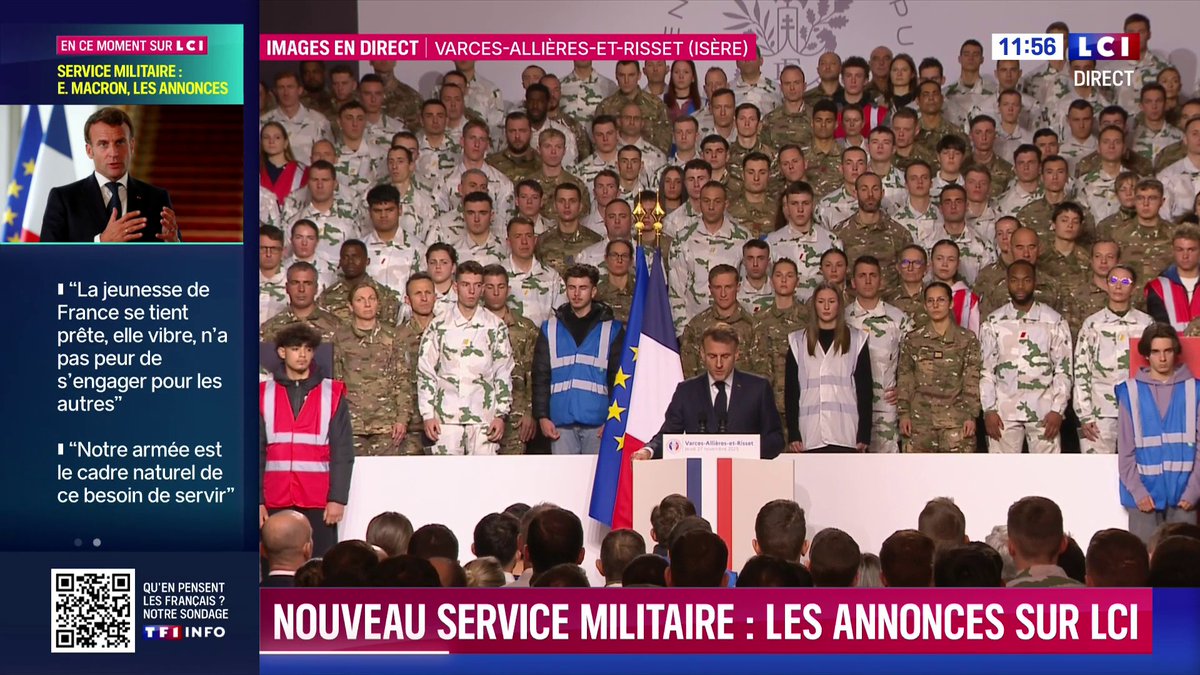 ❗️[ 🇫🇷 FRANCE ] 🔸 Le président Emmanuel Macron déclare la création d'un service national inédit « purement militaire qui sans être universel peut engager toute une génération » qui sera « institué progressivement dès l'été prochain ».