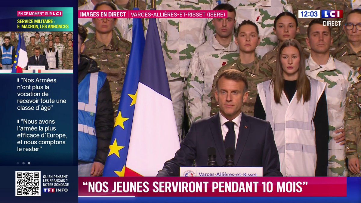 🚨ALERTE INFO « L'ambition que je porte pour la France est d'atteindre 50.000 jeunes en 2035 » déclaré Macron. Cette mise en scène, avec des jeunes en fond sur le thème de la mobilisation militaire, n’a rien à envier à la propagande nord-coréenne.