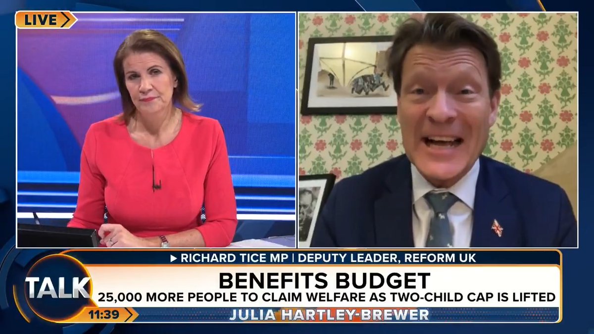 🚨 "It's a Budget for Benefits Street. It pays to stay at home, and those who set their alarm at 5am are being penalised." Reform UK's Deputy Leader Richard Tice MP says that after Rachel Reeves' Budget, "it no longer pays to work". Julia Hartley-Brewer