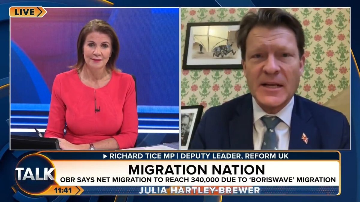 🚨 Reform UK's Deputy Leader Richard Tice MP takes credit for Net Migration dropping. "We made such a song and dance over 12-24 months ago, the Tories changed tack and reversed their previous uncontrolled, open borders process." Julia Hartley-Brewer