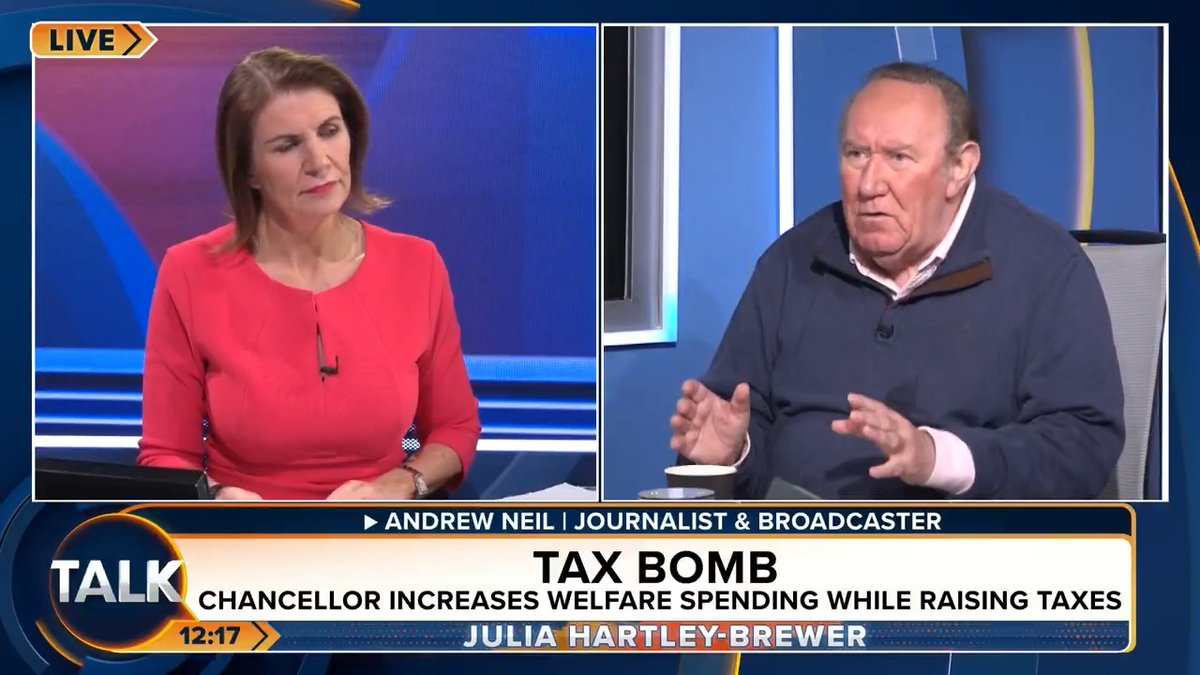 🚨Andrew Neil brands Labour the Welfare Party. "They believe in an expanding welfare state. The purpose of government is to redistribute in favour of welfare. That is their modus operandi." Julia Hartley-Brewer