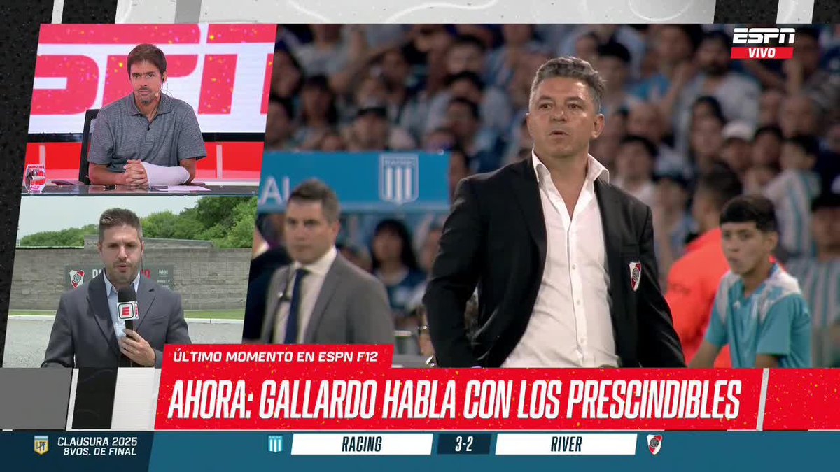 "GALLARDO ESTÁ HABLANDO INDIVIDUALMENTE CON TODOS LOS FUTBOLISTAS DEL PLANTEL. CON LOS QUE NO VA A CONTINUAR Y CON LOS QUE SÍ" Gallardo, MANO A MANO con cada jugador de River. Algunos de ellos, en su último día en el predio. ▶️ Mirá #ESPNF12 en el Plan Premium de #DisneyPlus