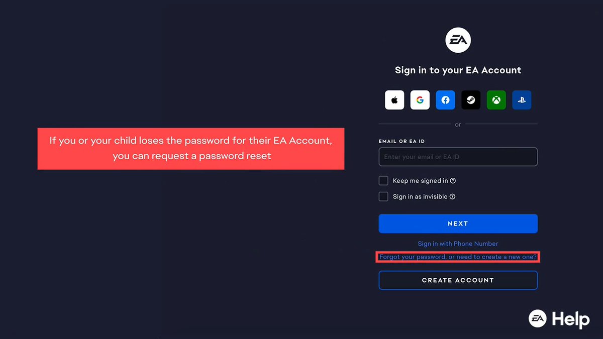 If your child forgets the password to their EA Account, you can request a reset on the EA app using their EA ID. Find out more in our video.