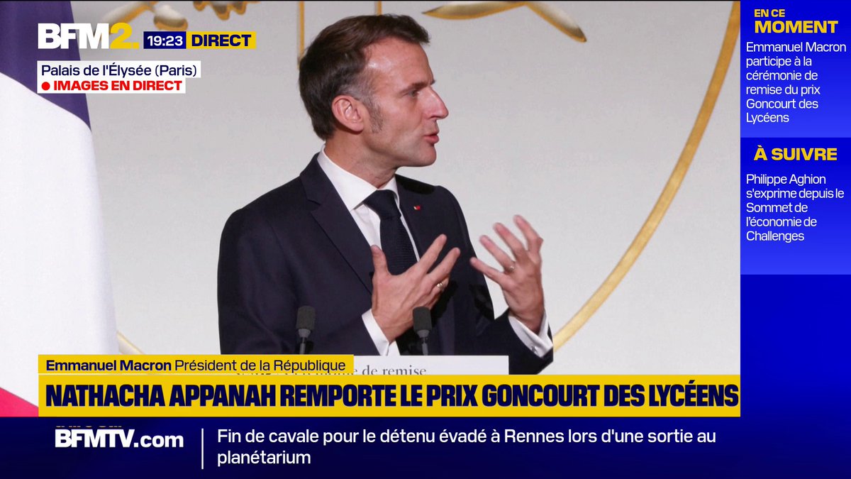 💬"Si on veut continuer d'être le pays des Lumières, on a besoin des livres", dit Emmanuel Macron lors de la cérémonie de remise du prix Goncourt des Lycéens #BFM2