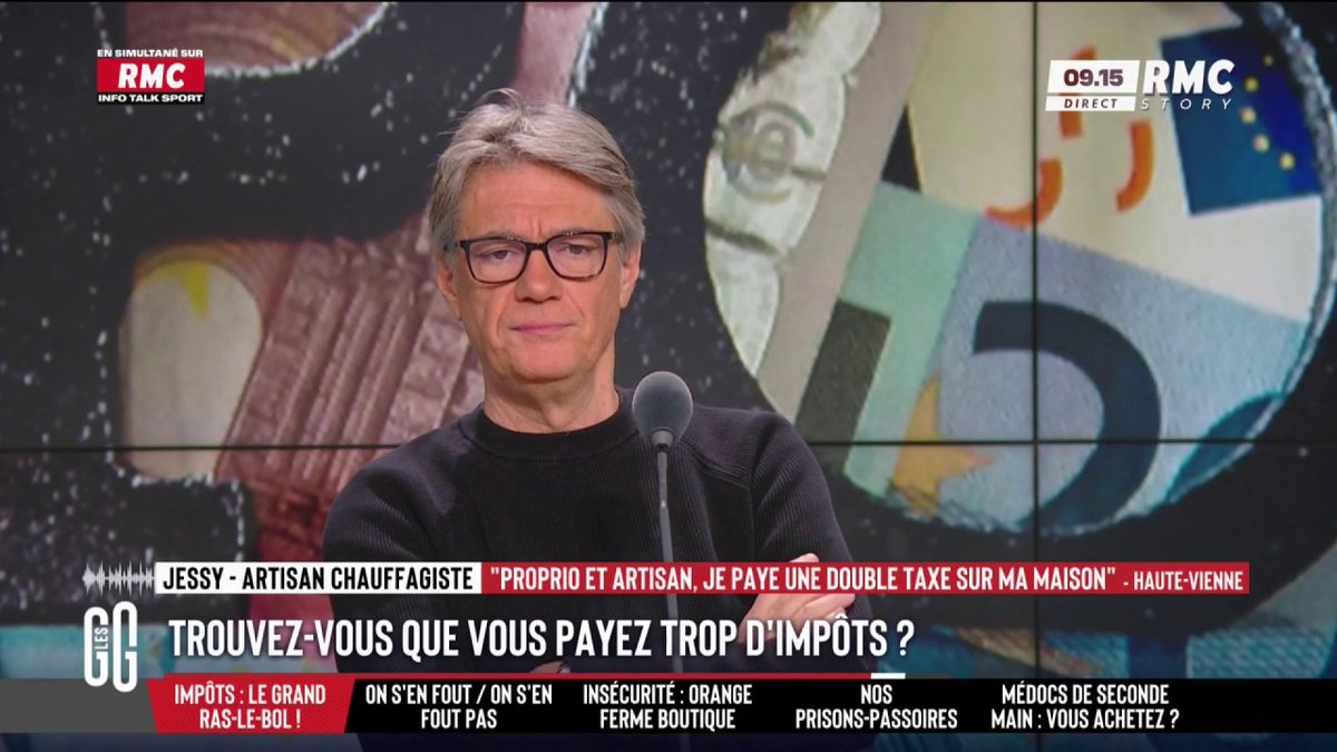 📞 Jessy, artisan, au 3216 : "On est assommés d'impôts : je paie une taxe foncière sur ma maison dont je suis proprio, une cotisation foncière sur cette même maison, l'Urssaf, l'impôt sur le revenu, l'essence... et je vais à l'hôpital, j'attends 6h30." #GGRMC