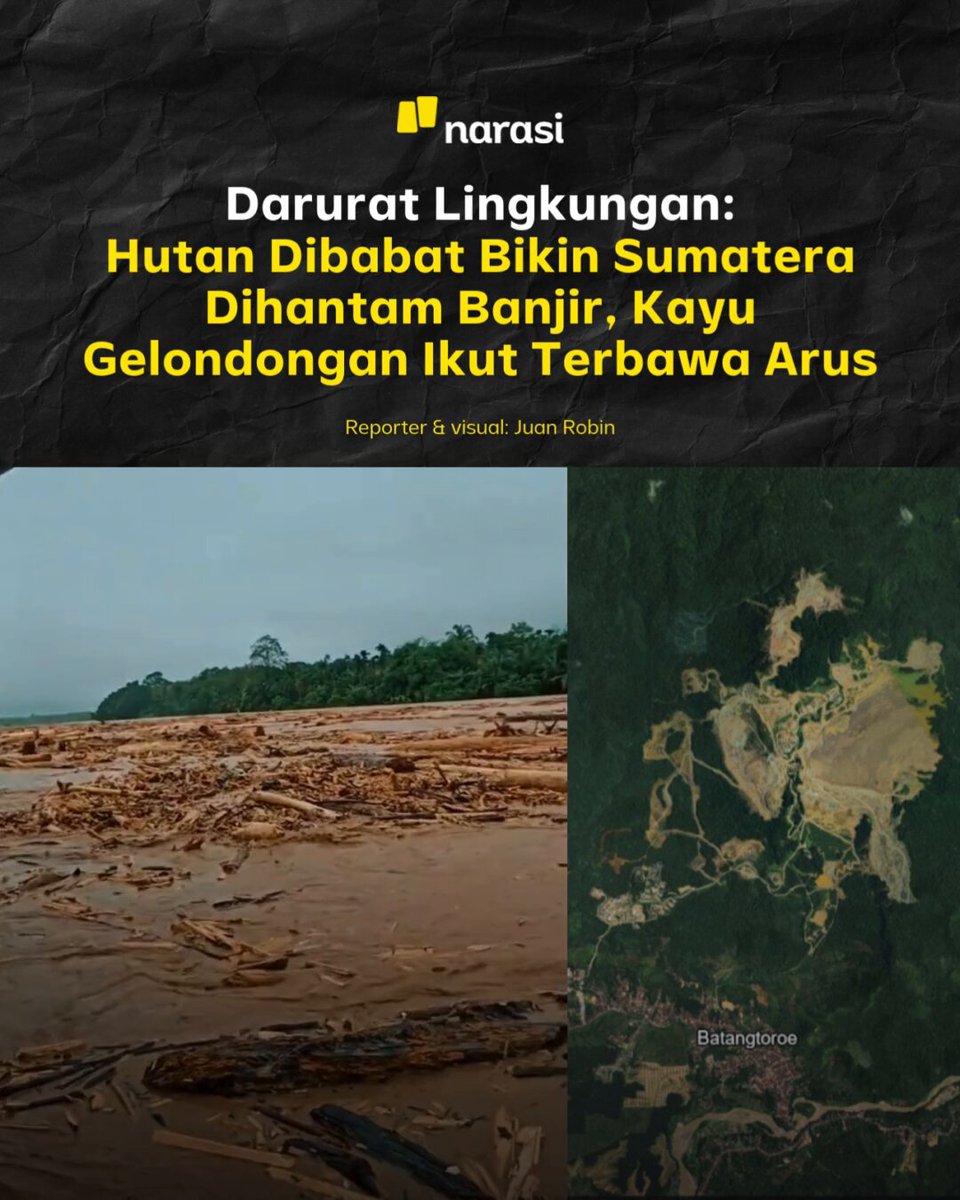 Banjir bandang menghantam Sumatera Utara, Sumatera Barat, dan Aceh pada 24-26 November 2025. Ada satu pemandangan unik: kayu gelondongan ikut terbawa arus banjir. Apakah hujan deras merupakan satu-satunya sebab banjir bandang ini terjadi? Temuan Forest Watch Indonesia menyebut deforestasi yang kian masif, turut berperan menjadi penyebab bencana. Geser slide-nya sampai habis, ya. | Narasi Daily