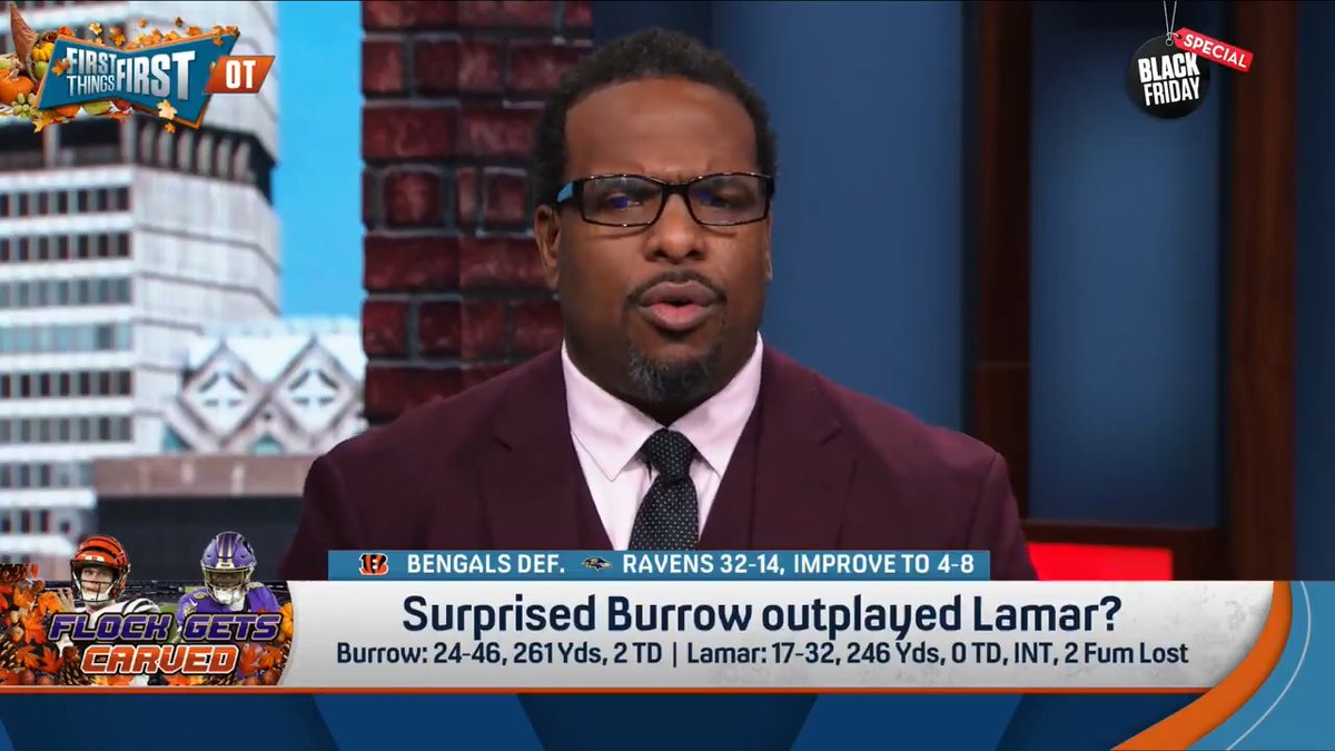 .Willie Colon said Joe Burrow shouldn’t play on Thanksgiving and then he outplayed Lamar. He responds 😅 “I didn’t think the toe was gonna hold up!… Lamar looked more rusty than Joe Burrow. And I was kind of puzzled by his whole performance.”
