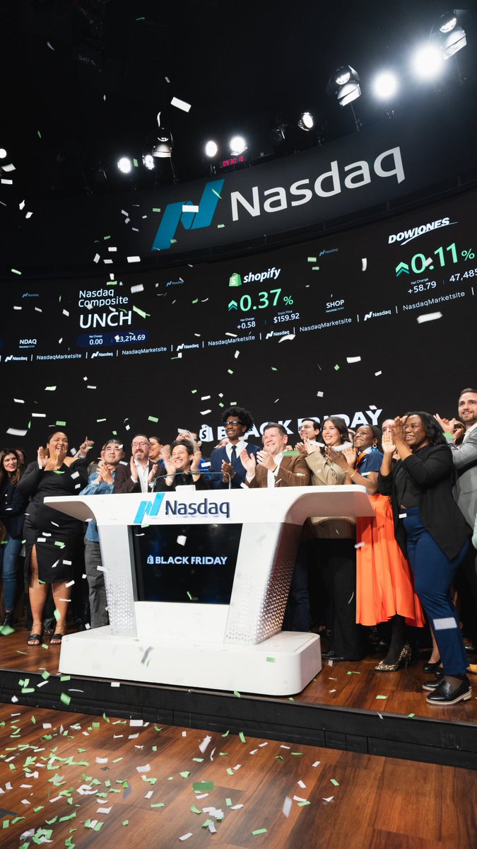 Ringing the opening bell at Nasdaq this morning alongside Shopify merchants from BRUNT Workwear, Wild One, Stick With Me Sweets, Abbode, CJW, Harlem Baking Co, Le Alfre, One Faith Apparel, Harlem Chocolate Factory, Turn Table Lab and Twin NYC was unforgettable. Thank you Nasdaq Exchange. Different journeys, same ambition. Black Friday puts their grit on full display. Keep going. The world is watching you build.