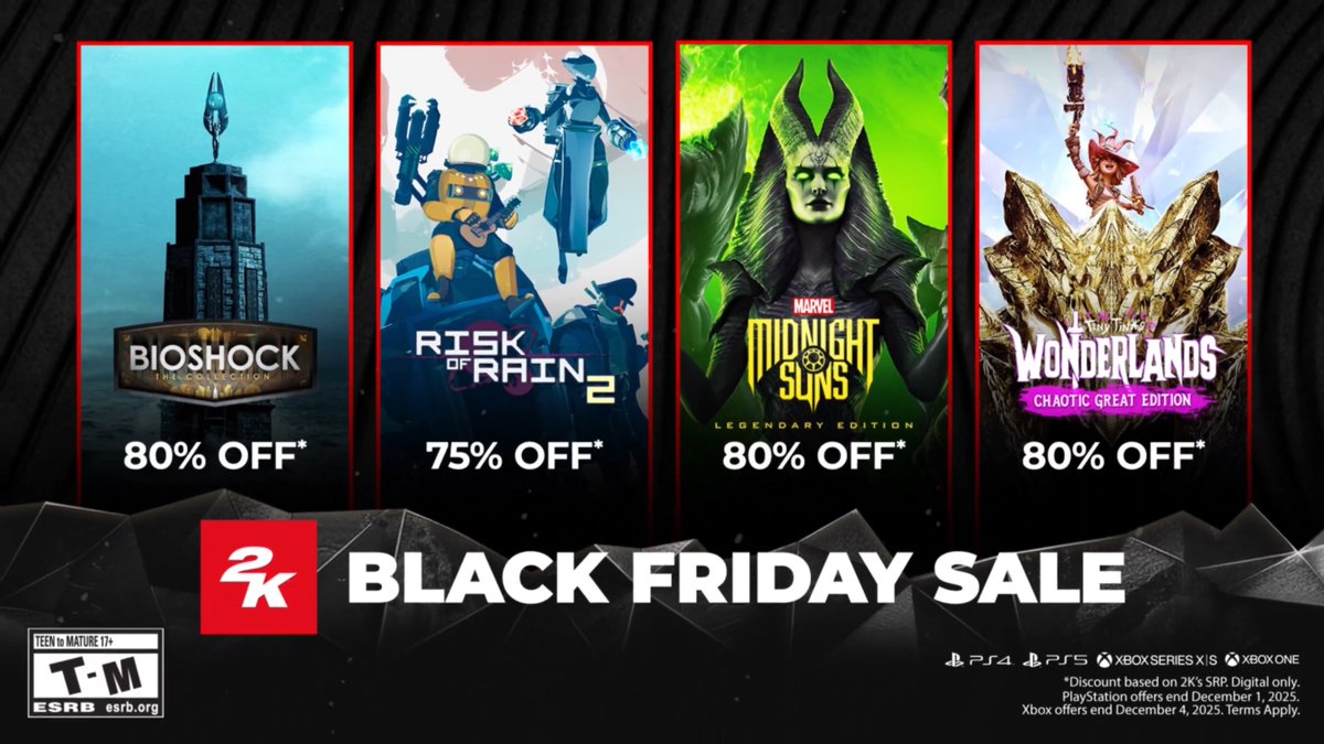 Find your next favorite game #BlackFriday 🎮 ☣️ BioShock: The Collection 🌕 Risk of Rain 2 🦸 Marvel's Midnight Suns 🔮 Tiny Tina's Wonderlands ➕ more: