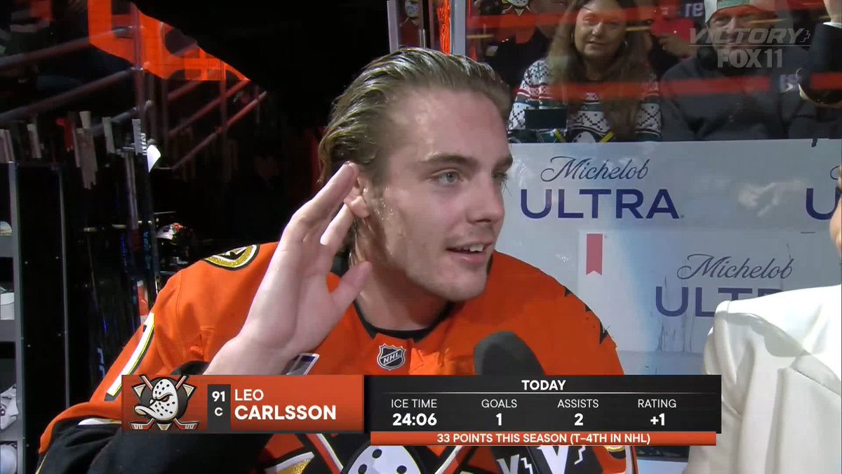 The vibes are strong at Honda Center 👋🦻 Leo Carlsson is taking it all in with Aly Lozoff after the Anaheim Ducks' comeback victory. #FlyTogether