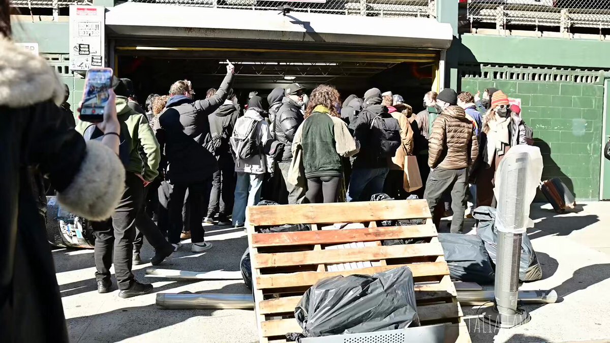 ICE garage blockaded in lower Manhattan with dozens of agents stuck inside as more and more New Yorkers gather. NYPD observed staging on Canal &amp; Broadway, expected come over for crowd control.