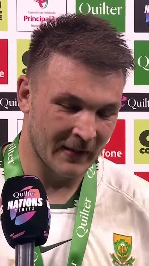 🗣️ "Just happy to be standing here, we worked really hard for the clean sweep!" Andre Esterhuizen caps off a sensational season with a Player of the Match performance in Cardiff 🏅 #SSRugby | #QuilterNS