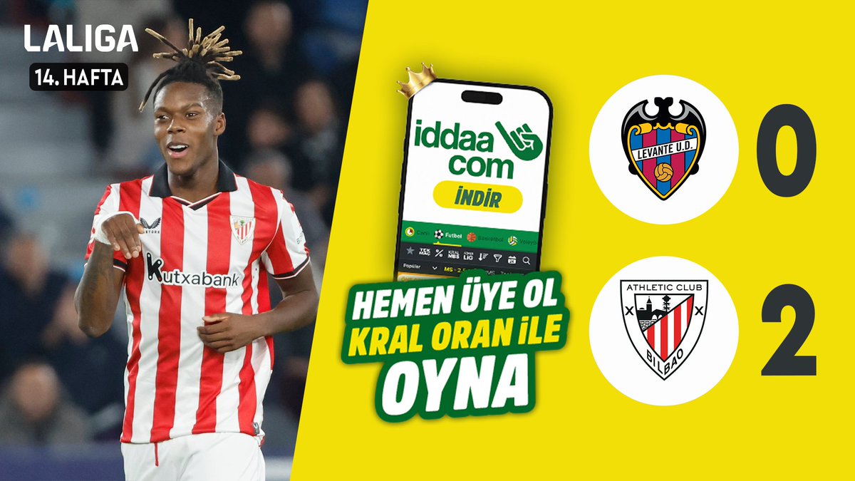 🇪🇸 #LALIGA'nın 14. haftasında Athletic Club, Levante'yi 2-0'lık skorla mağlup etti. 🟡 iddaa &