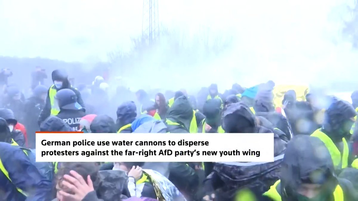 German police used water cannons on protesters blocking a highway near Giessen, before the far-right Alternative for Germany party was to elect a leader for its new youth wing